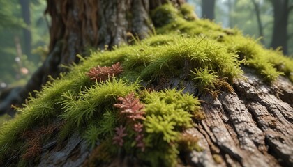 Atrichum angustatum moss growing on a tree trunk, forest floor, green, moss