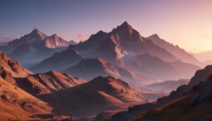 Fototapeta premium Mountain scenery at dusk with a compressing effect to emphasize the layers , turquoise sky, valleys, mountain scenery