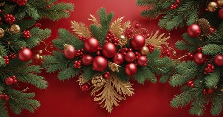 Red background with a stunning arrangement of pine branches, red gold ornaments, and red berries in a decorative pattern, seasonal decor , winter wonderland, red and gold