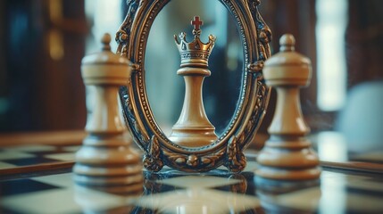 Pawn Gazing at Reflected King in Ornate Mirror on Chess Board
