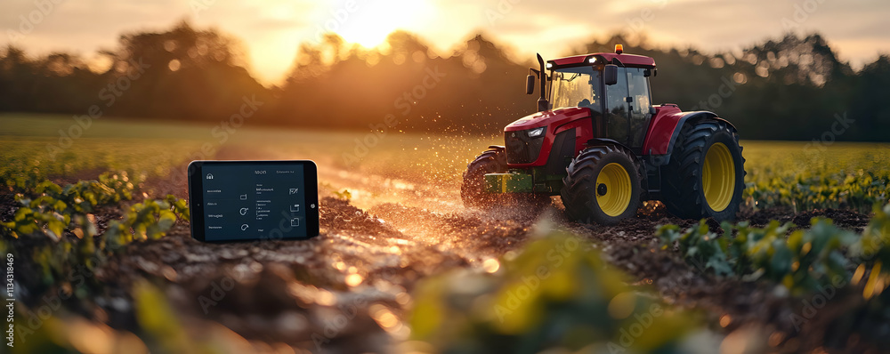 Poster a tractor in a field with a smartphone displaying agricultural data at sunset.