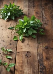 A sprig of fresh green leaves on a rustic wooden table with a soft focus effect, branches, brown