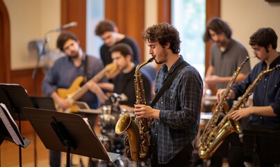 Fototapeta premium Saxophonist and band rehearsing indoors.