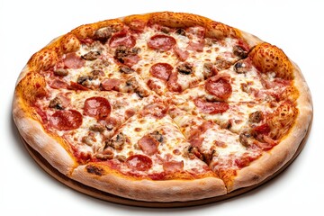 Delicious slice of pepperoni pizza with cheese and toppings isolated on white background