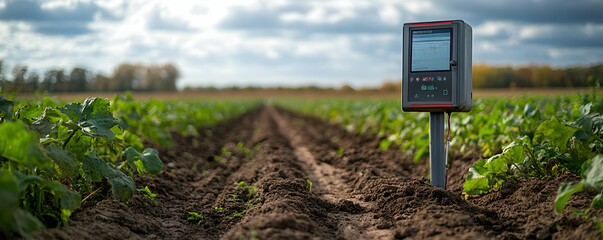 A digital monitor stands in a field, indicating agricultural technology in use.