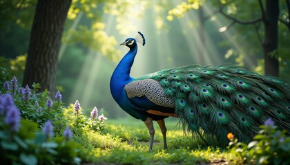 Fototapeta premium Peacock Displaying Iridescent Feathers in Forest