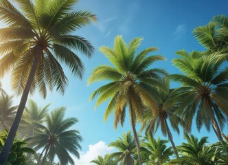tropical paradise landscape with palm leaves and clear blue sky, pink, palm tree, natural beauty