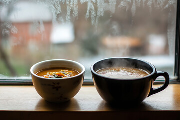 cup of coffee and bowl of soup in a cabin during winter snow