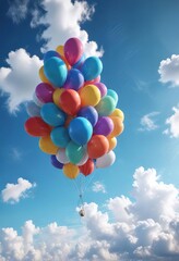 Vibrant balloons floating in air against a bright blue sky with white clouds, gentle breeze, vibrant balloons