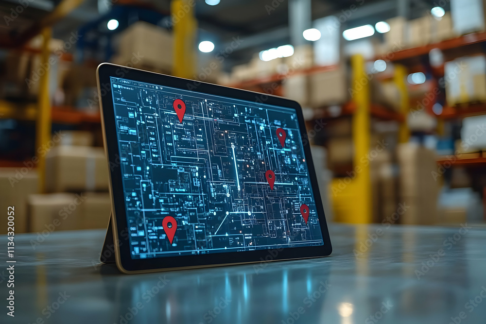 Poster a tablet displaying a digital map with location markers in a warehouse setting.