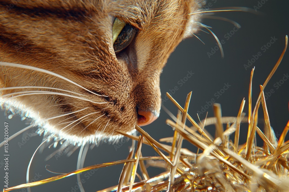 Poster close-up of a cat's face sniffing straw in soft natural light with a focus on textures