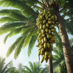 Tall banana tree with green bananas hanging from its branches, plants, stems, vegetation