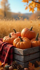 Rustic Wooden Crate Filled with Earthy Pumpkins and Cloth in Autumn Landscape