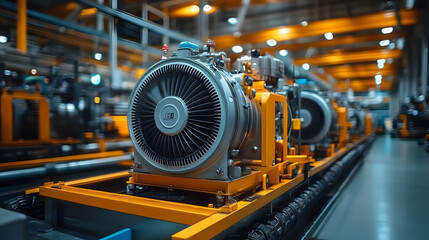 Fototapeta premium Industrial machinery with engines on a production line in a factory setting.