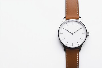 Minimalistic solid-color watch design with brown leather strap on a clean background