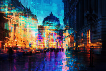 Glitch cityscape with neon lights and fragmented cyberpunk visuals