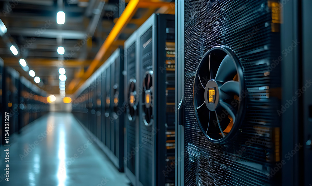 Poster a modern data center with rows of servers and cooling fans, emphasizing technology infrastructure.