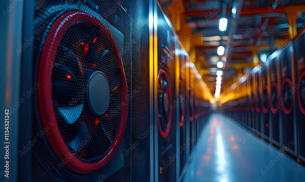 Poster a row of computer servers with cooling fans, illuminated in a data center.