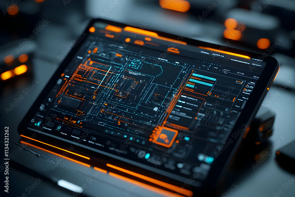 Poster a digital tablet displaying a high-tech interface with glowing elements and circuit designs.
