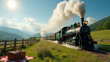 Obraz premium Vintage Steam Locomotive Chugging Through Lush Countryside