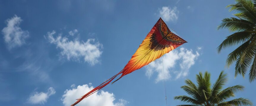Vibrant colors of a Balinese Jagan Kite against a bright blue sky, balinese jagan, , tropical sky