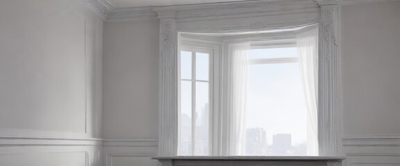 Fototapeta premium Cornice bianca e nera sulla finestra con un effetto di sfumatura, arredamento, pittura a struttura, interno