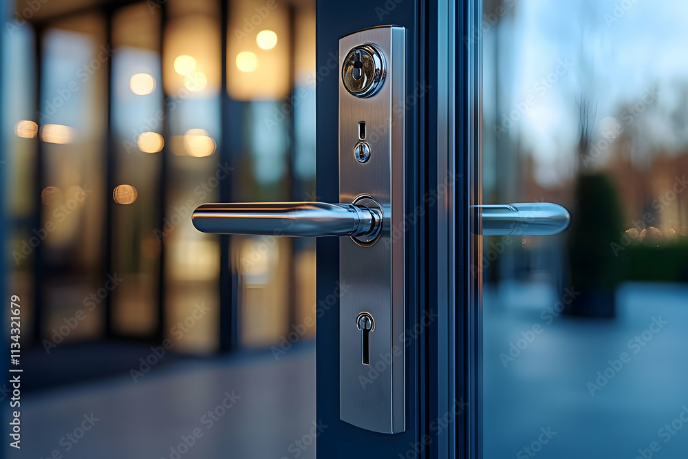 Poster a close-up of a modern door handle and lock, emphasizing security and design aesthetics.