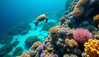 Aerial View of Colorful Coral Reef with Sea Turtle Swimming
