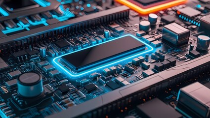 A highly detailed futuristic electronic circuit board with glowing LED elements, advanced microchips, capacitors, and intricate wiring patterns. The illuminated orange and blue neon lights emphasize a