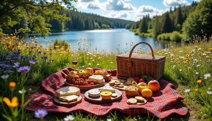 Aerial View of Outdoor Picnic on Green Meadow Near Lake