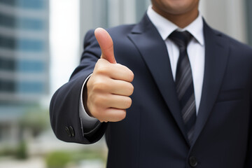 Close-up of a young, handsome, confident businessman in a black three-piece suit giving a thumbs-up gesture outdoors in a bright and professional setting