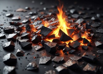 Burnt metal fragments scattered on a black surface, scorched metal fragments, metallic ash, oxidized metal slivers