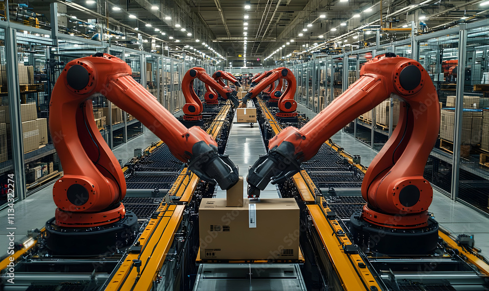 Poster a high-tech warehouse with robotic arms sorting and handling packages on a conveyor system.