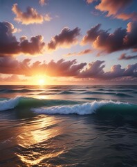 Obraz premium The ocean at sunset with a cloudy sky and waves in the background , cloudy, beautiful