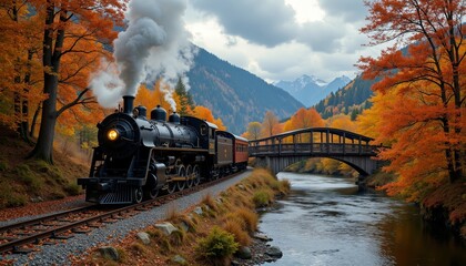 Antique Steam Locomotive Chugging Through Autumn Landscape with Vintage Railway Track
