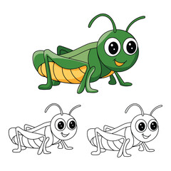 Grasshopper Cartoon Character with Flat Design and Line Art Black and White Version Vector Illustration