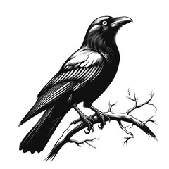 Fototapeta premium Black and white illustration of a raven perched on a branch.