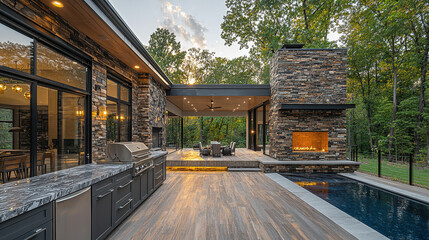 Fototapeta premium Luxury Outdoor Living Space: Modern stone house with expansive deck, infinity pool, and outdoor kitchen at dusk. Enjoy the serene ambiance and sophisticated design. 