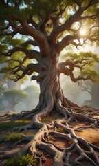 Ancient tree with a sprawling network of roots , roots, brown, rugged