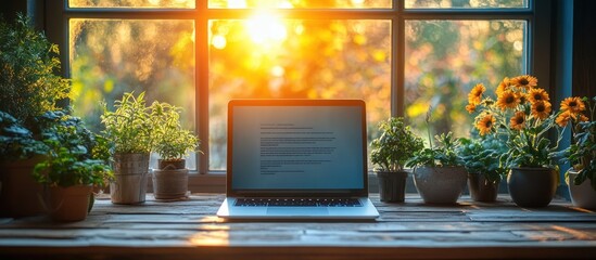 Laptop on a window sill with plants, sunset.