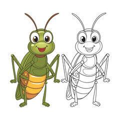 Grasshopper Cartoon Character with Flat Design and Line Art Black and White Version Vector Illustration