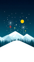 Fototapeta premium A serene winter landscape featuring snowy mountains, a starry sky, and colorful fireworks against a dark blue backdrop.