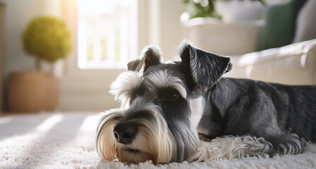 a salt and pepper mini schnauzer posing in the living room