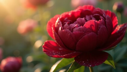 Close-Up of Luxurious Deep Burgundy Peony Petals with Dew Drops