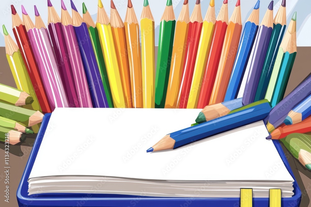 Poster a colorful array of pencils surrounds a blank notepad, inviting creativity and artistic expression.