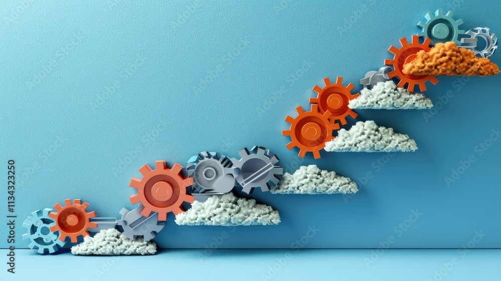 Poster gears ascending on clouds, symbolizing progress and innovation in technology.