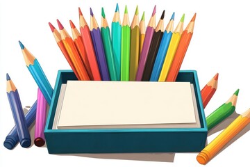 Fototapeta premium A vibrant collection of colored pencils arranged around a box with blank cards, ideal for creativity and art projects.