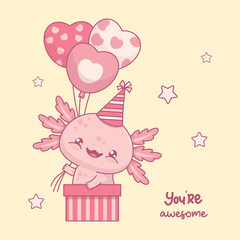 Cute happy Axolotl in birthday cap in gift box with balloons hearts. Little festive cartoon pink kawaii character. Vector illustration. Holiday funny postcard. Kids collection