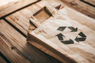 Fototapeta premium Eco-Friendly Brown Paper Bag with Recycle Symbol on Wooden Surface for Sustainable and Environmentally Conscious Lifestyle Choices