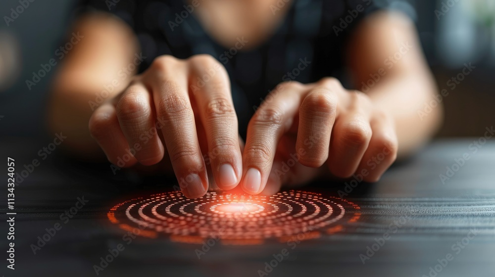 Poster hands interacting with a glowing circular pattern on a surface, suggesting technology or energy.